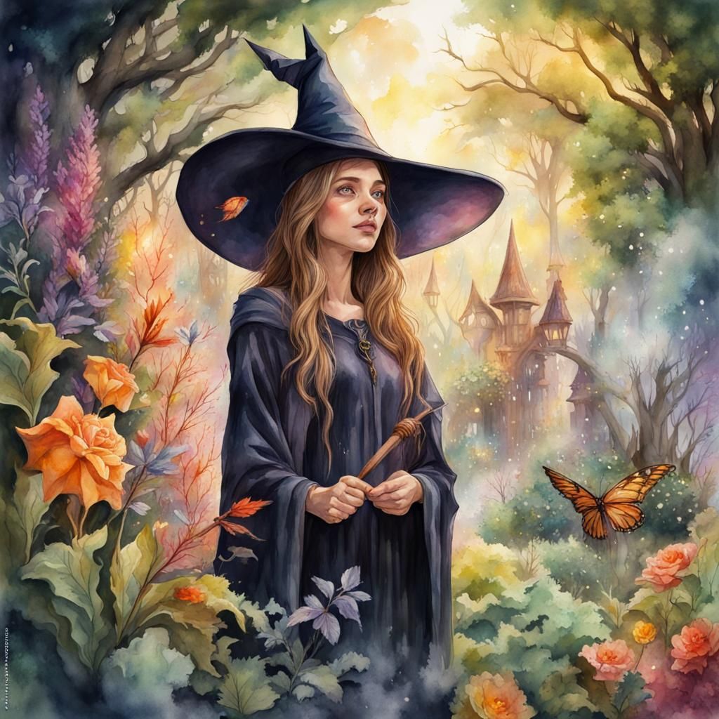 Young Witch and Wizard in Watercolor Garden