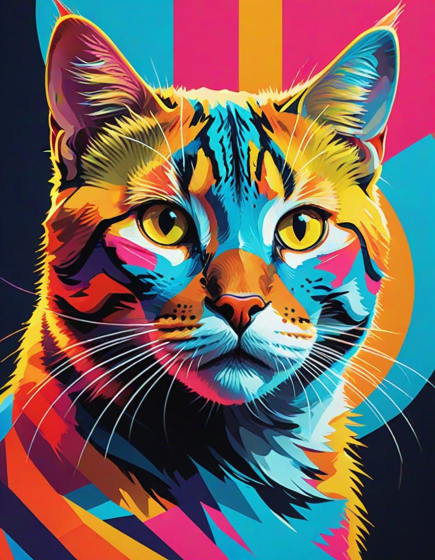 Bold Pop Art Cat Portrait with Geometric Shapes and Neon Fla...