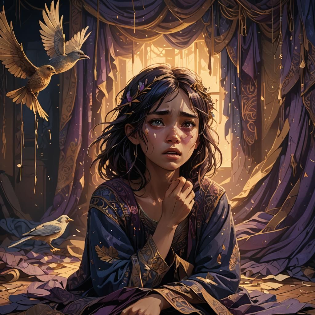 Fantasy Art: Girl and Broken Tapestry Bird