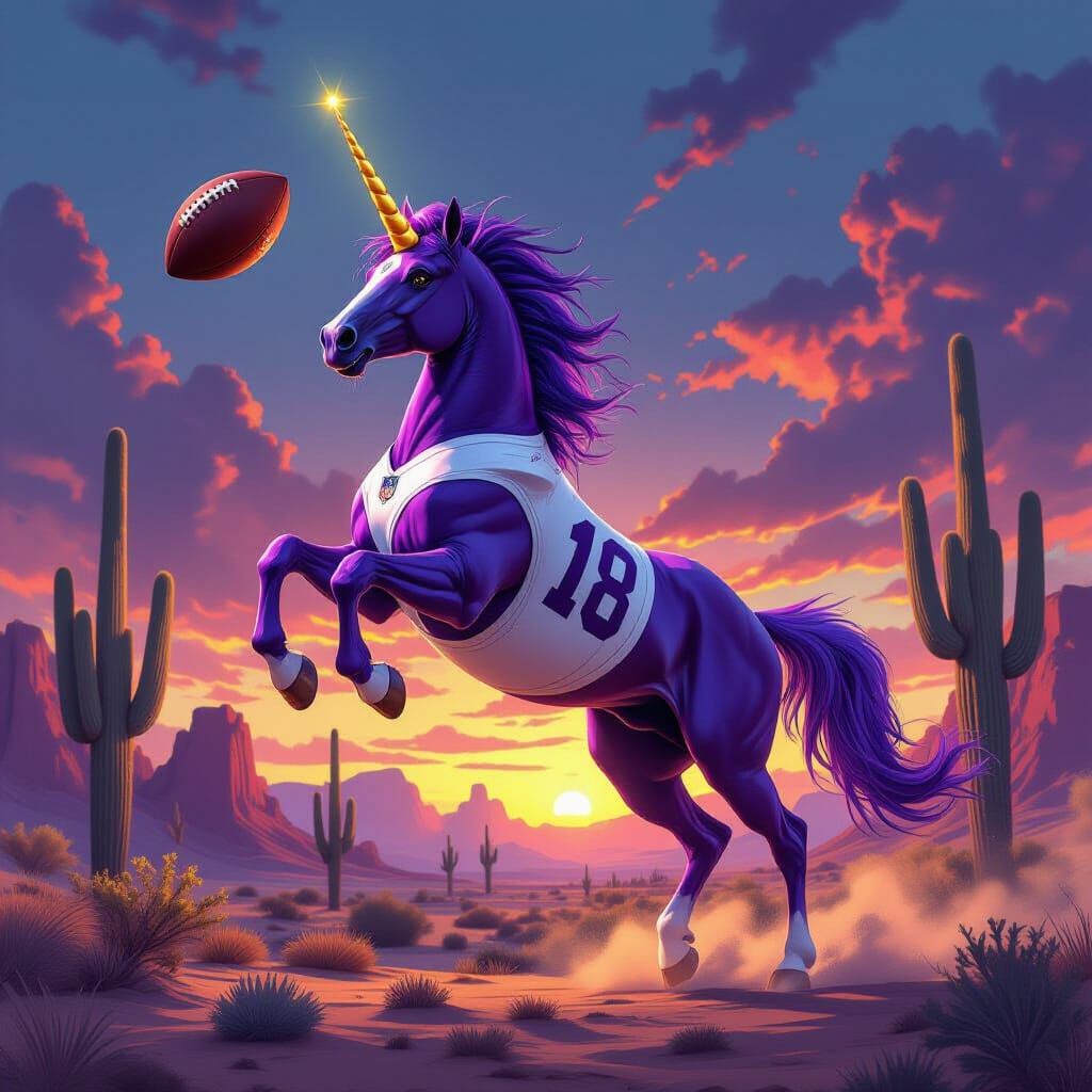 Purple Unicorn Football Star in Fantasy City