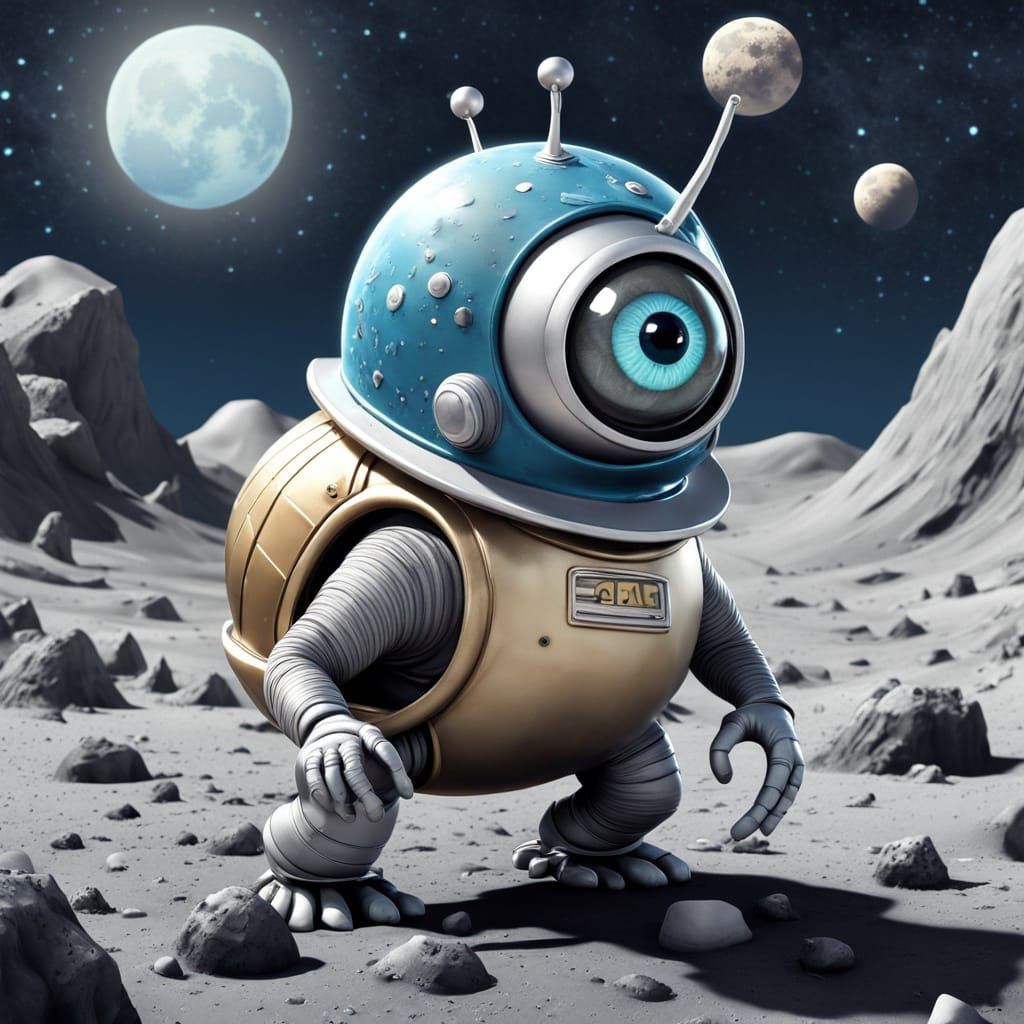 A curious cartoon snail wearing a tiny fishbowl helmet