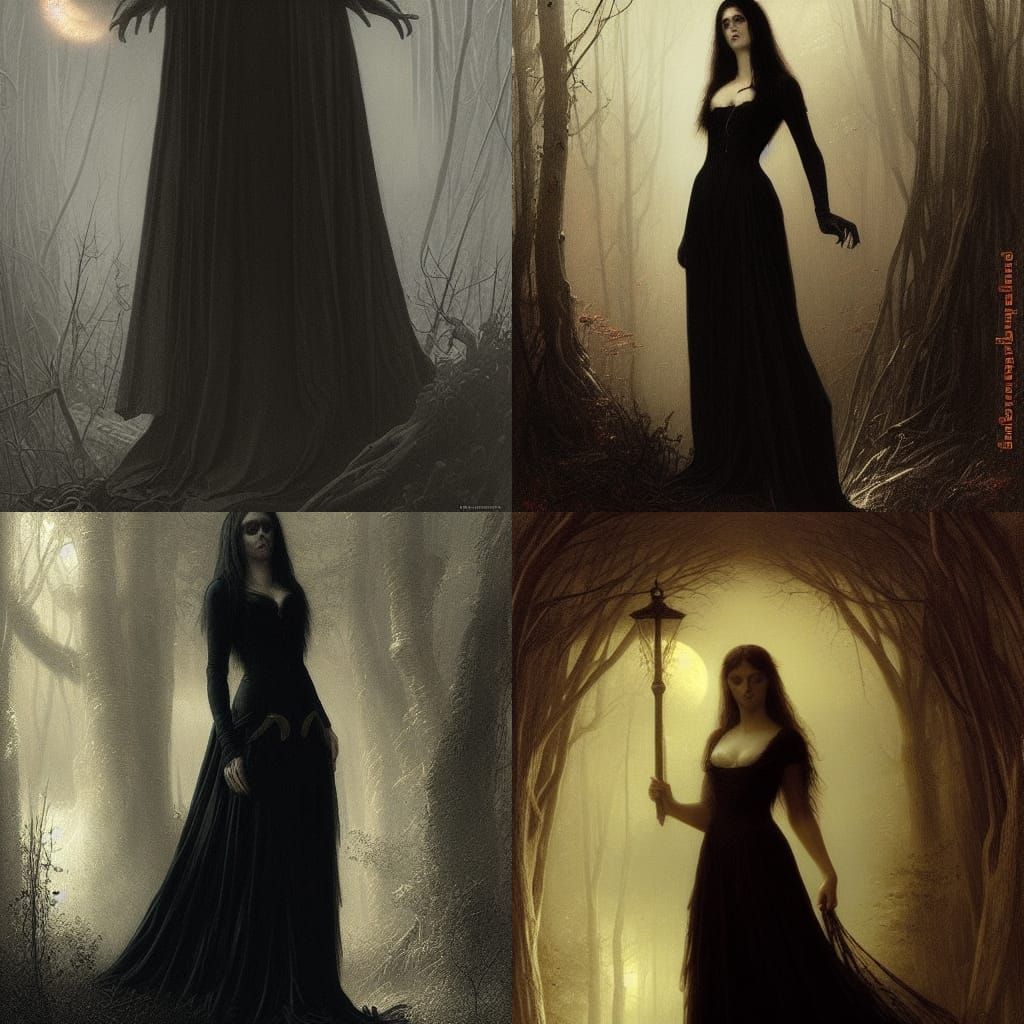 Vampire black dress sunset forrest