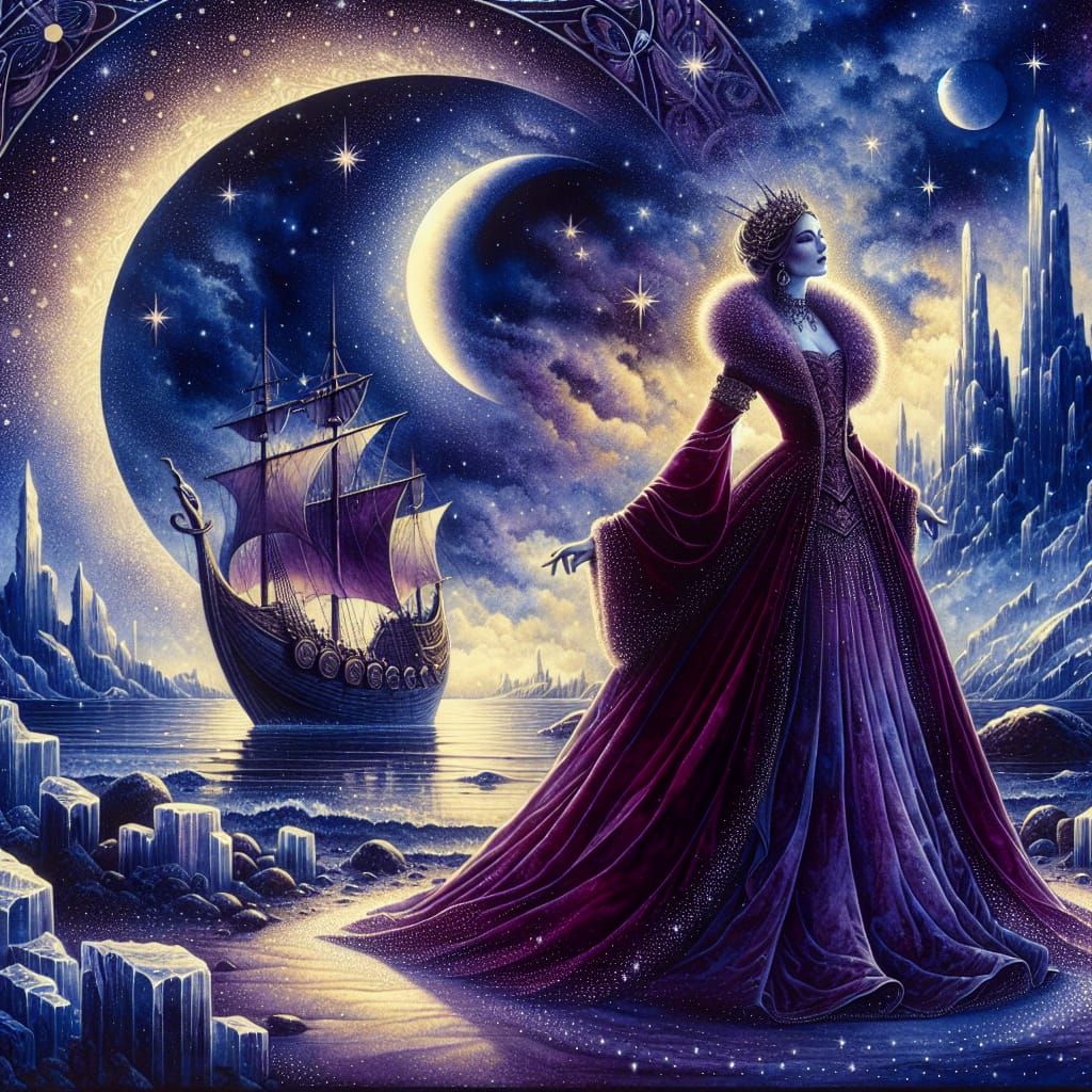 Majestic Queen in Renaissance Gown on Icy Beach