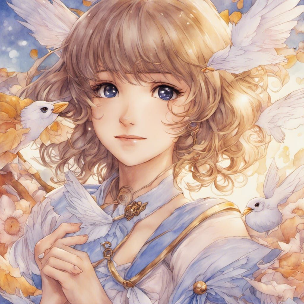 Anime Girl with Sparrow Wings in Watercolor Style