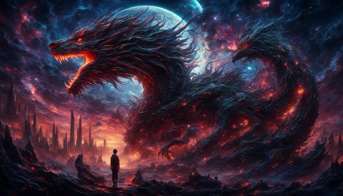 Cosmic Cyberpunk Dragon Soaring Over Alien Landscape