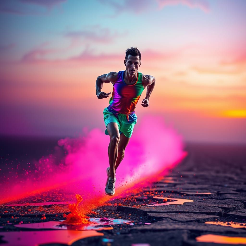 Runner with Multicolored Light Streaks