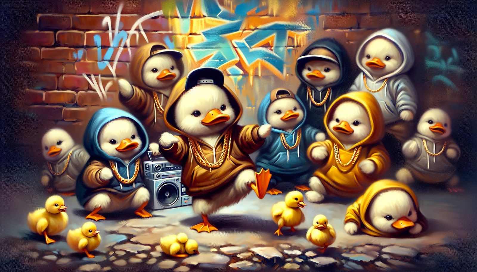 Chibi Ducklings Hip-Hop Crew in Open Impressionism Style