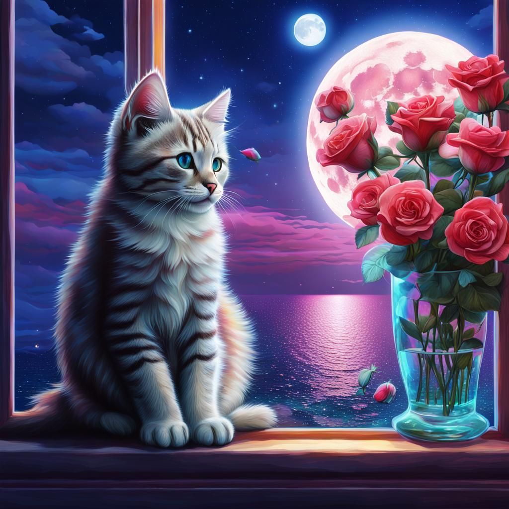 Kitten, Roses, and Moon: Cosmic Illustration