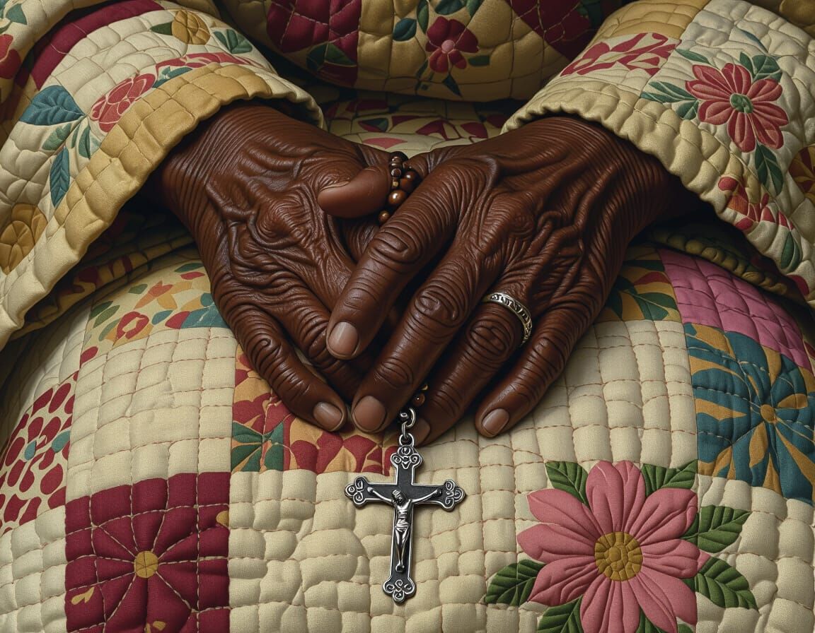 Aging Hands Clasping Rosary on Quilt
