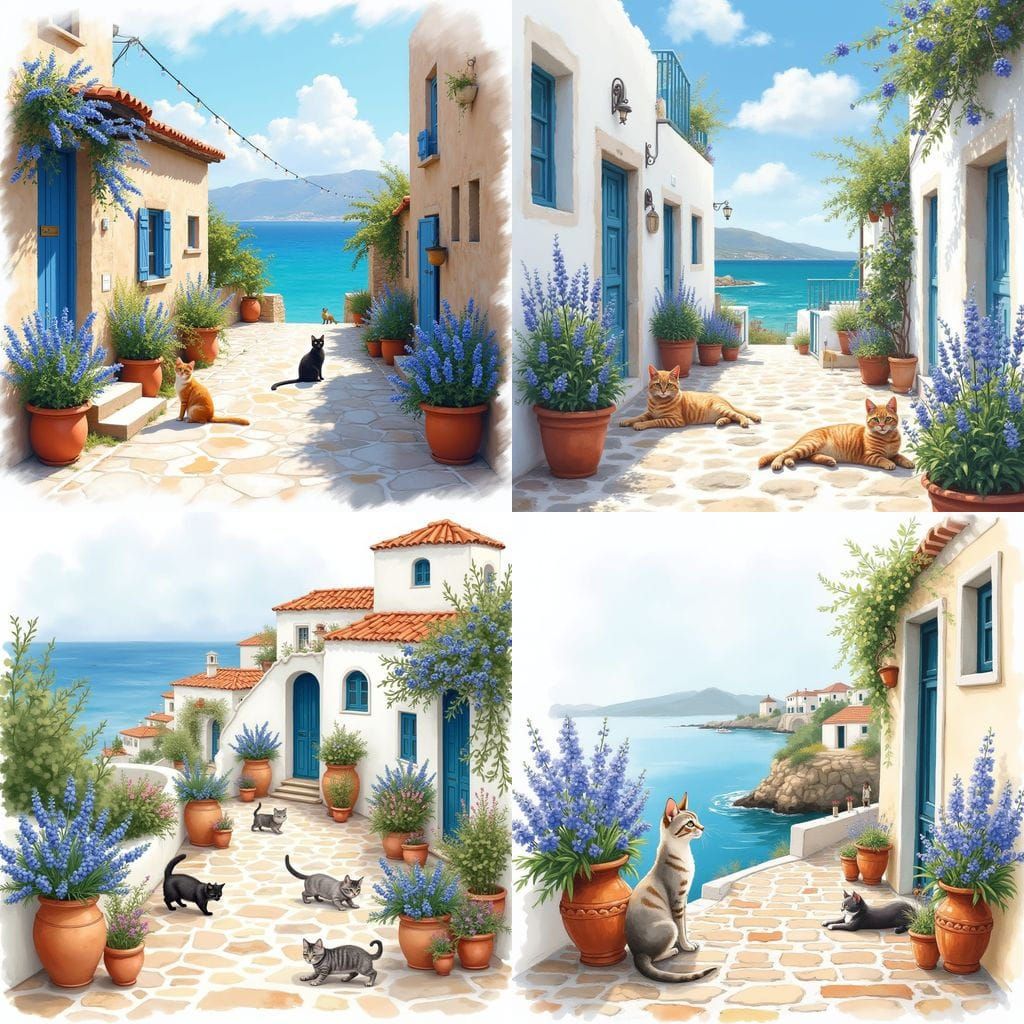 Greek Village Scene with Cats and Bluebells in Watercolor St...