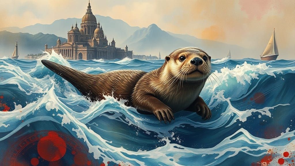 Sea Otter in Ancient City, Surreal Art Deco Style