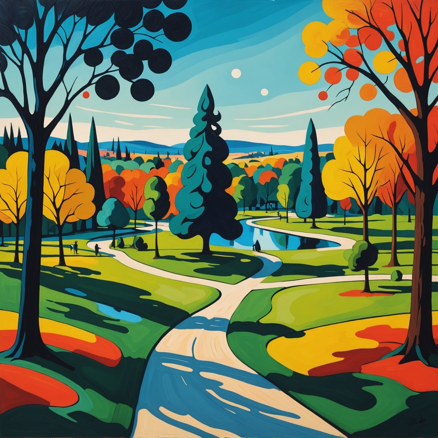 Fusion of Expressionism and Fauvism in a Whimsical Park Scen...