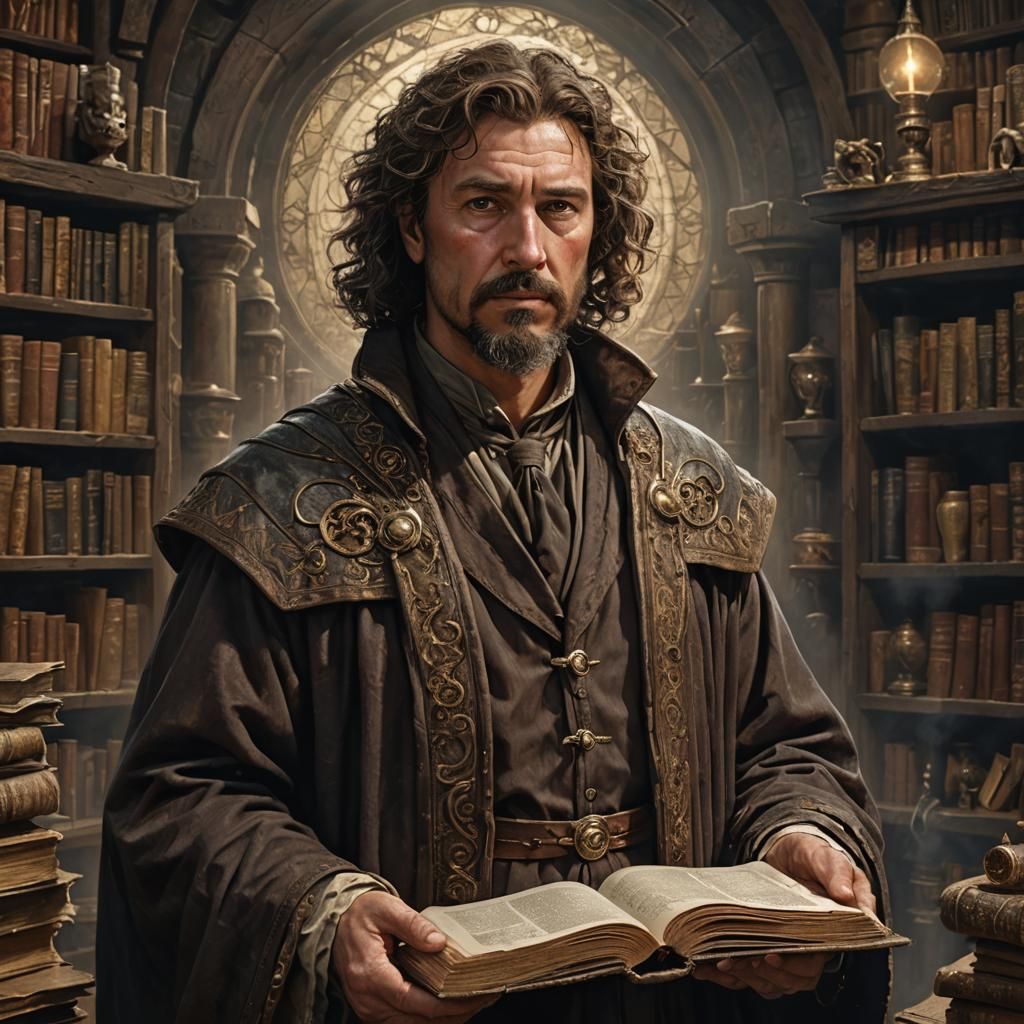 Human male earth wizard. Short curly brown hair and goatee, ...