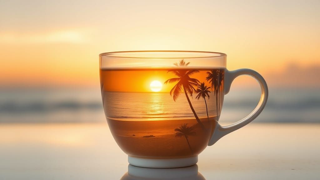 Serene Beach Coffee Cup Double Exposure in Golden Hues