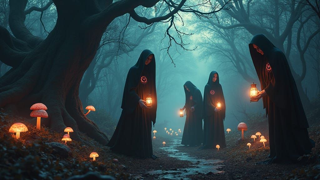 Midwives in Eerie Dark Fantasy Landscape