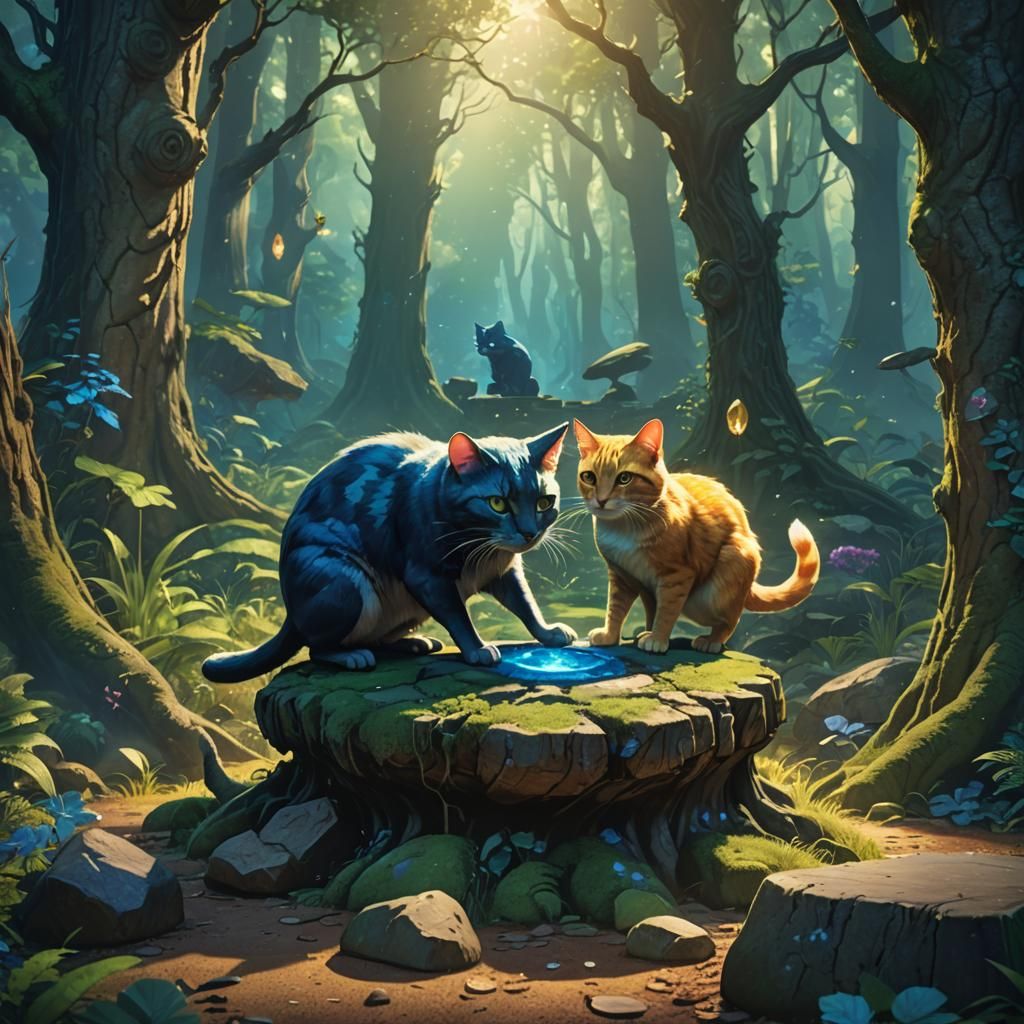 Mouse Dodging Cat in Mystical Forest Concept Art