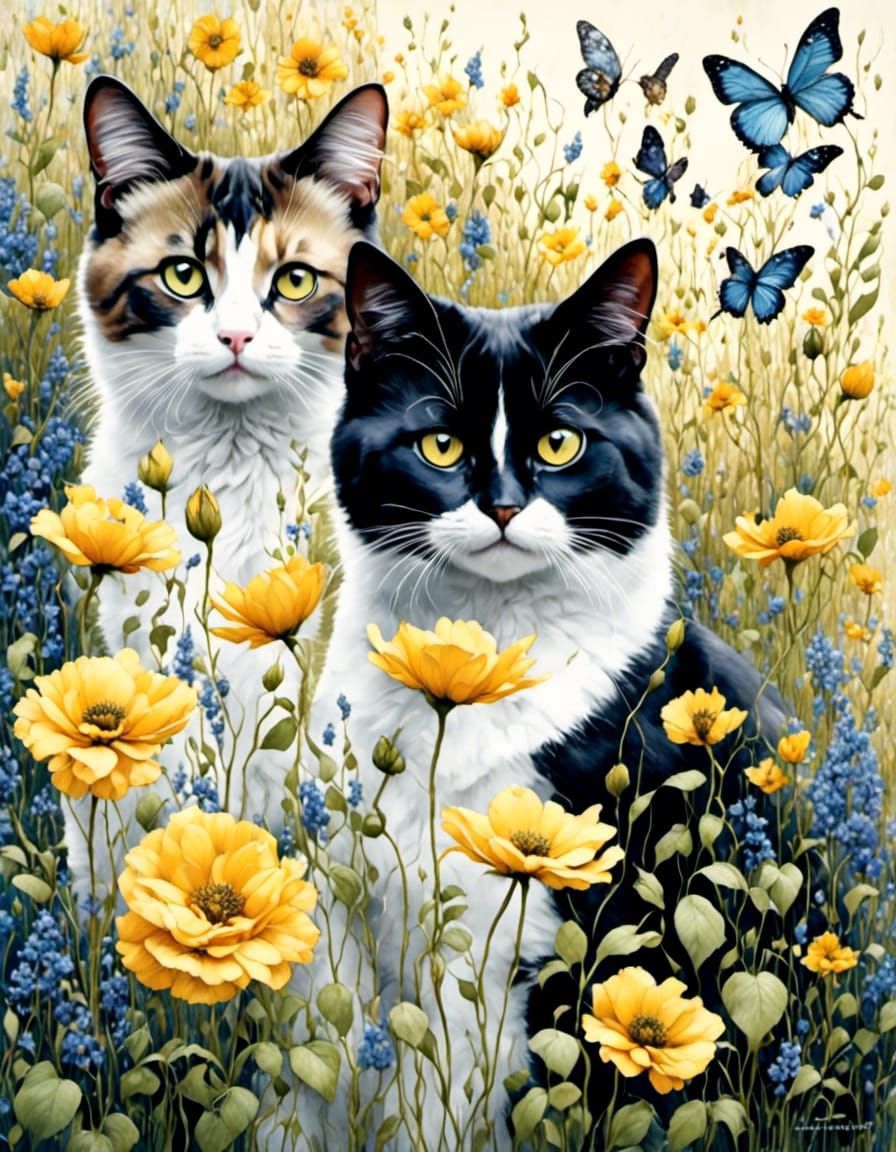 Siamese Cat and Labrador in Cottage Garden