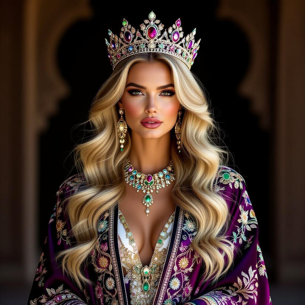 Majestic Blonde Model in Luxurious Abaya: Cinematic Photo