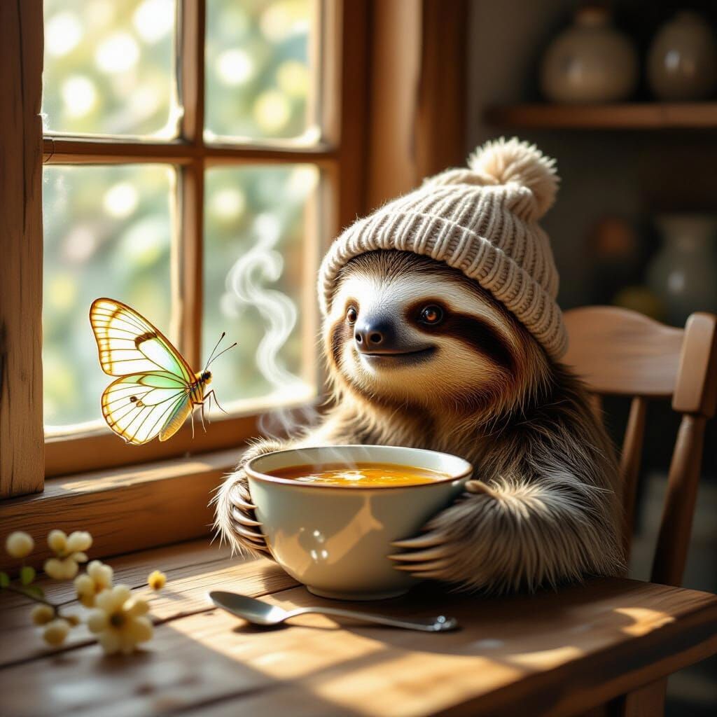 Whimsical Sloth Enjoys Soup with Glowing Moth