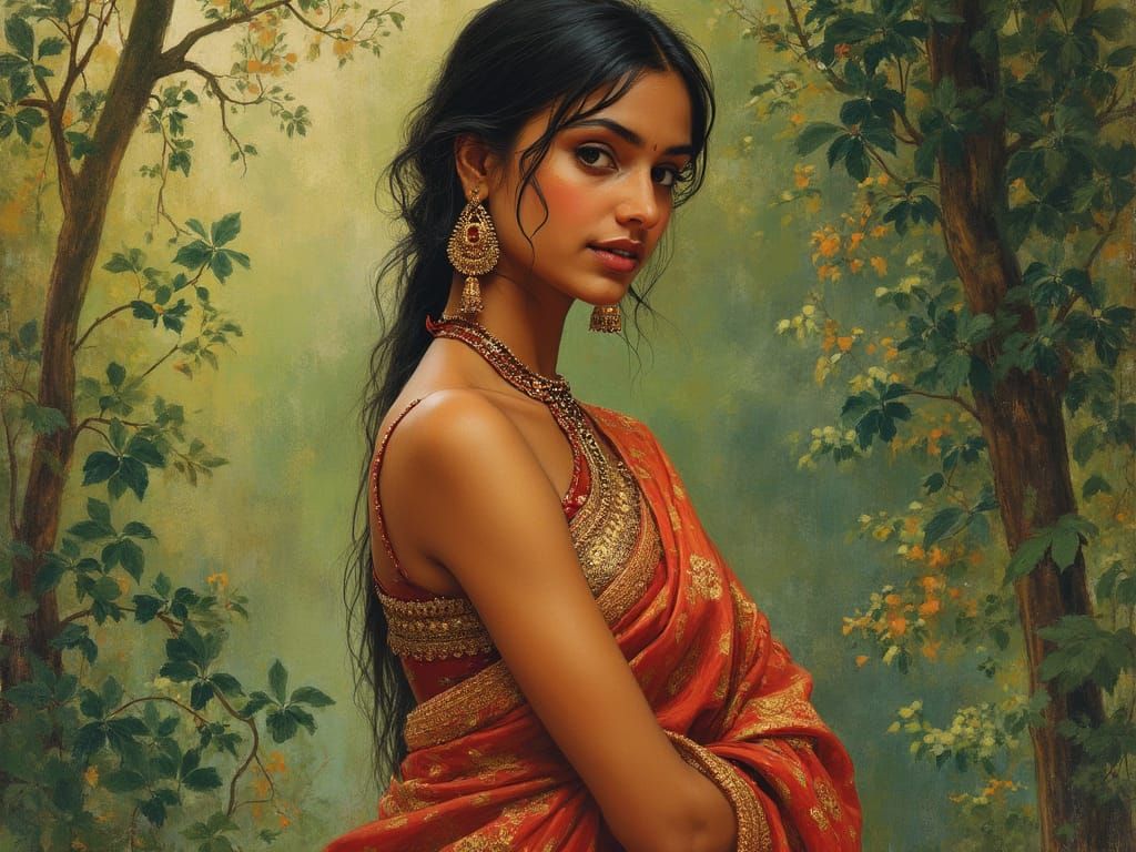 Woman in Elegant Sari, Indian Miniature Painting Style
