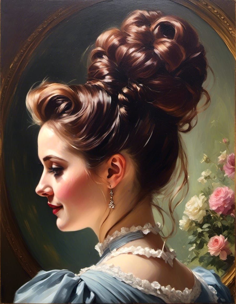 Curvy Victorian Woman with Messy Bun in Oil Painting