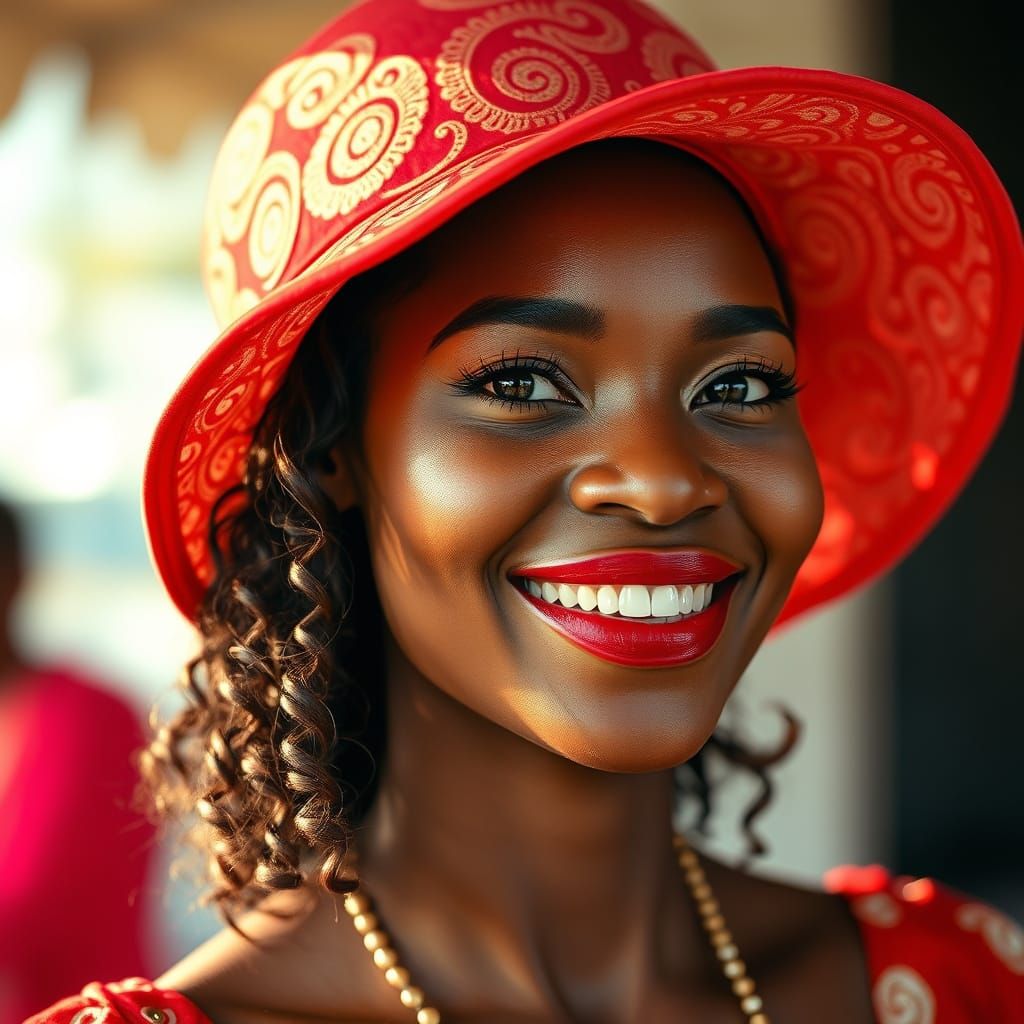 Vibrant Afro-Brazilian Woman in Red Hat and Bold Lipstick