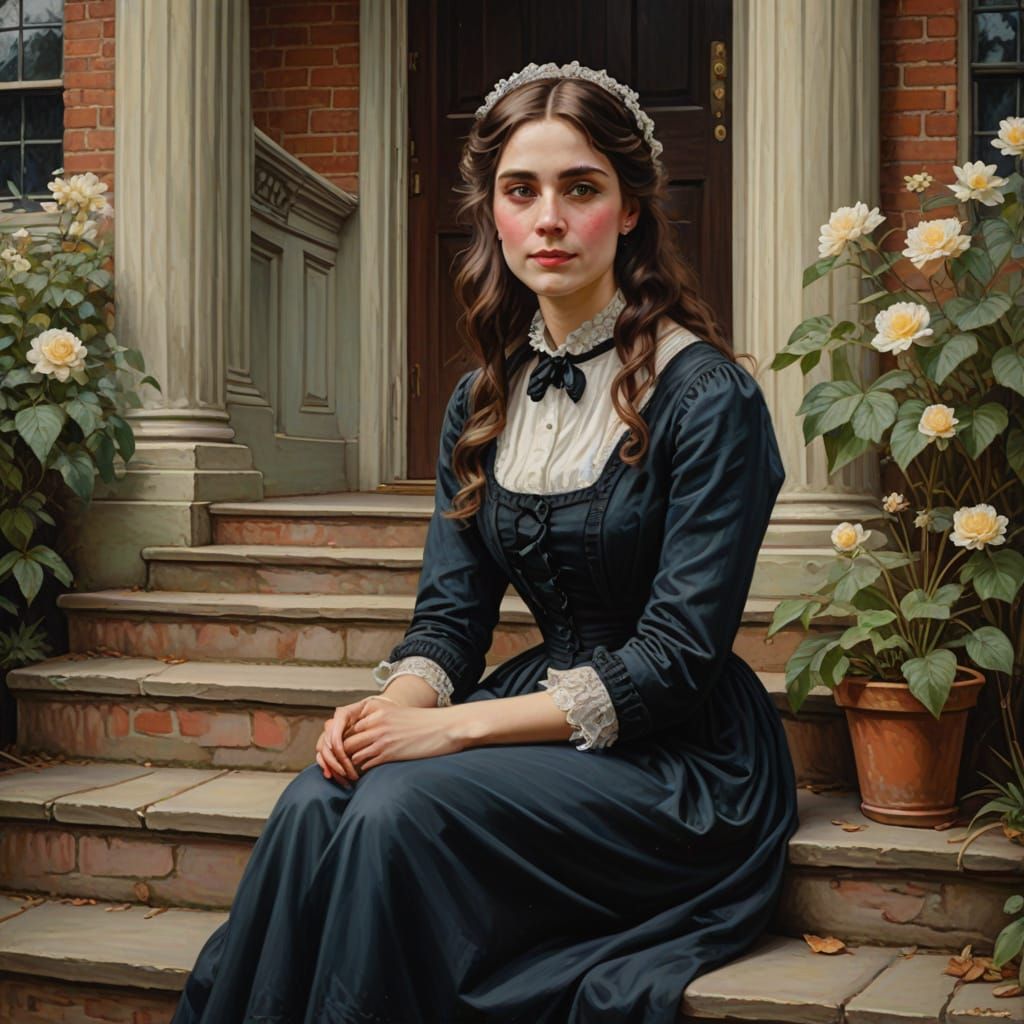 Victorian Woman on Mansion Steps, Oil Painting