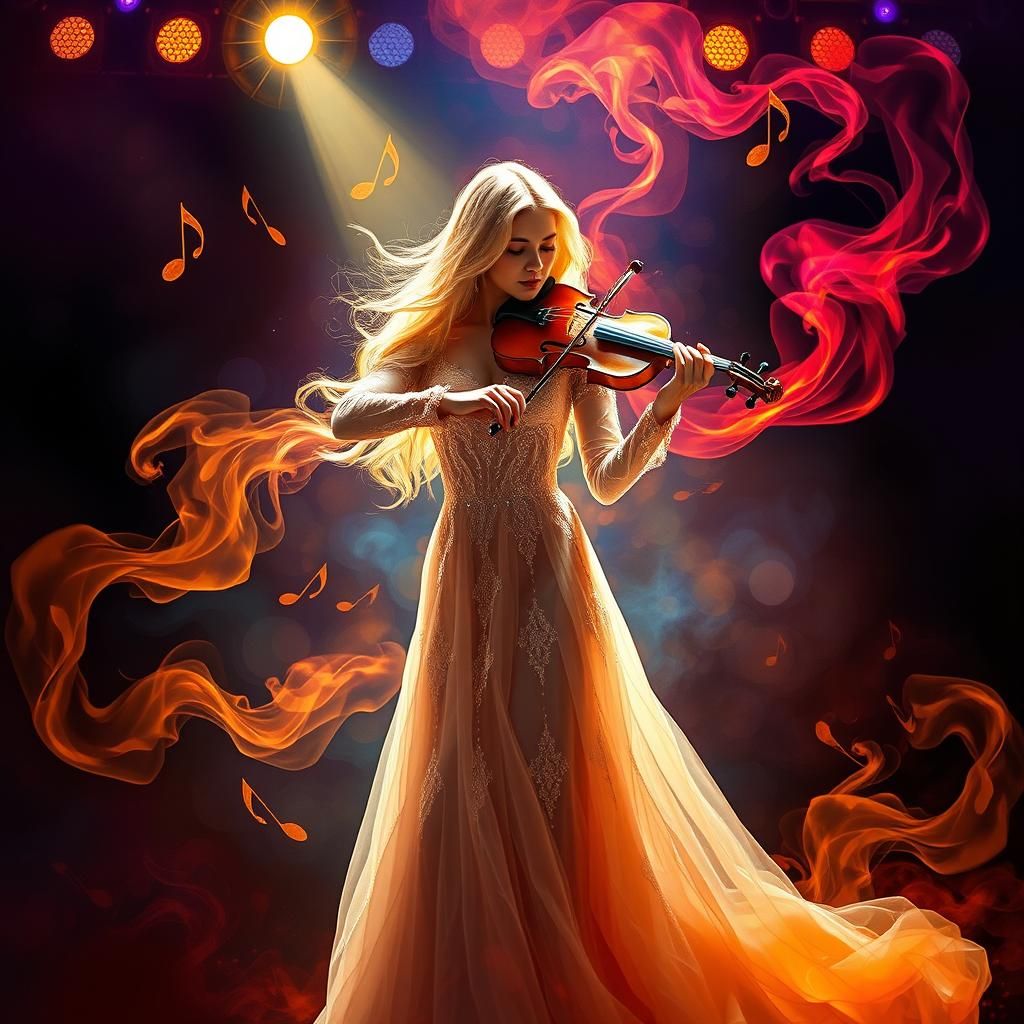 Blonde Violinist in Expressionist Performance with Smoke