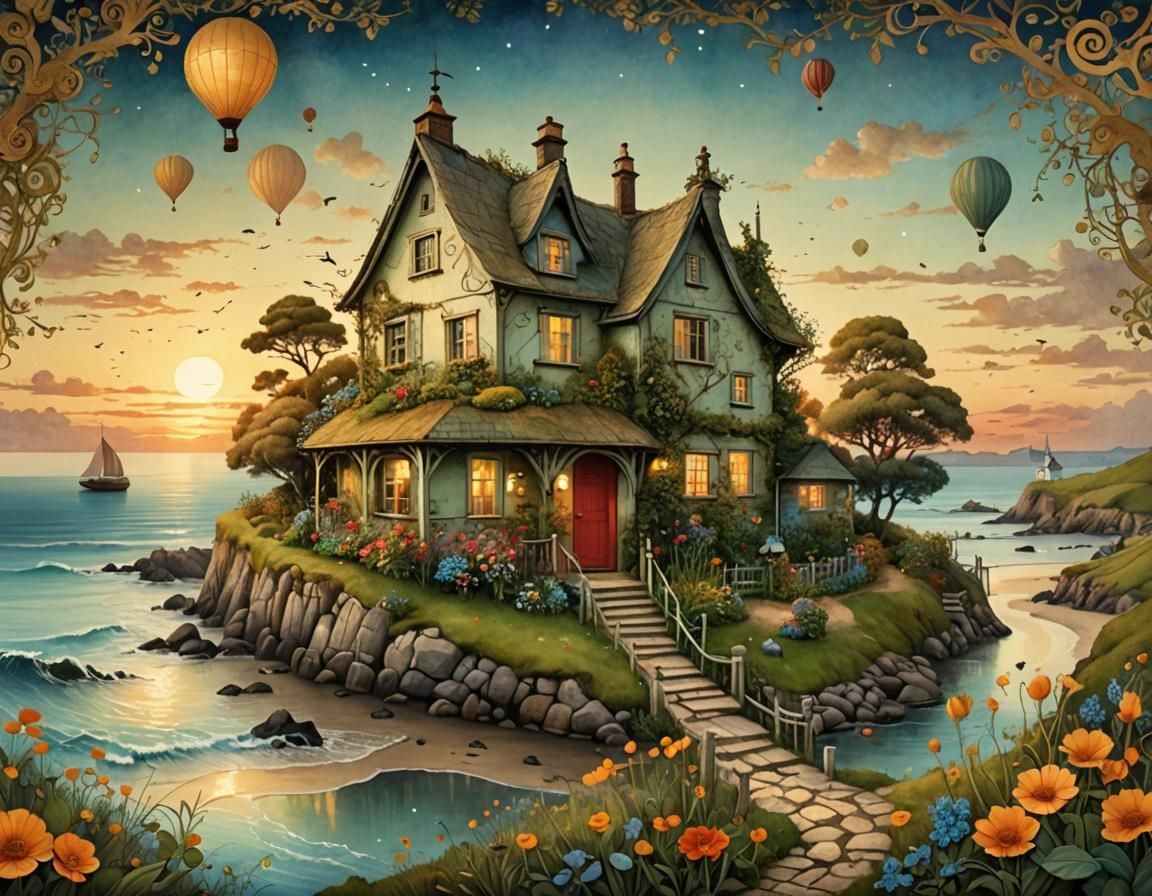 Seaside Cottage Surreal Painting in Watercolor Style