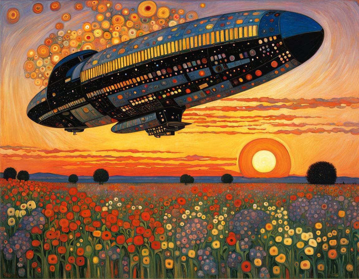 Spaceship in Flower Field: Klimt-Inspired Sunset