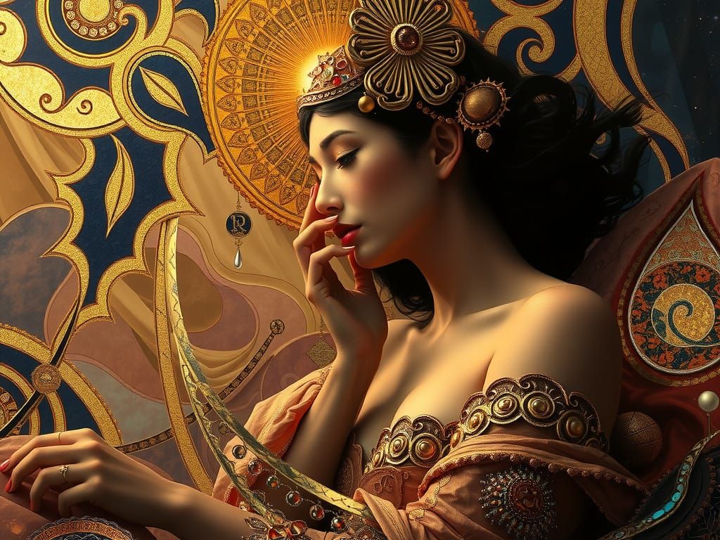 Klimt-Inspired Woman Savior in Gilded Nightscape