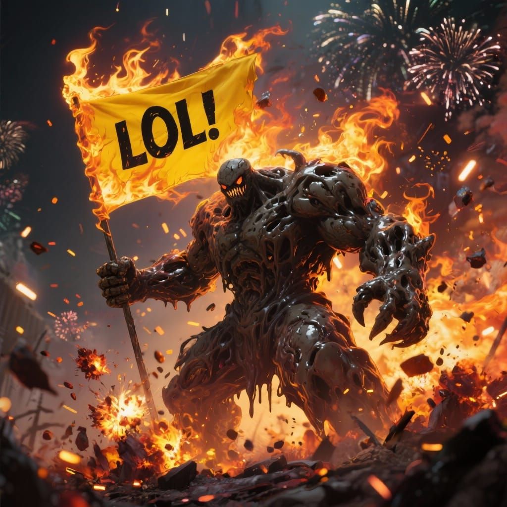 Evil Ooze Golem with Fiery 'LOL' Flag
