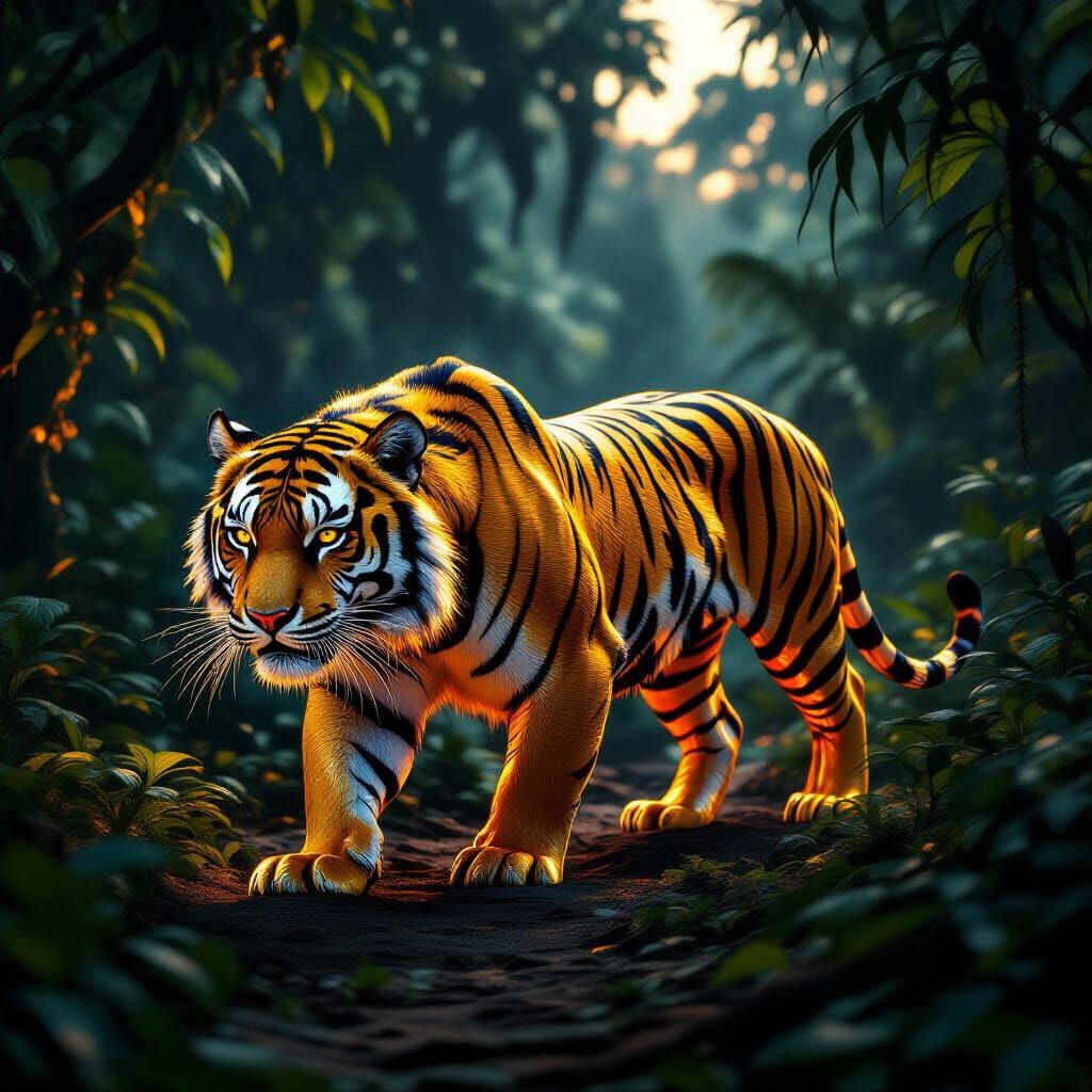 Molten Gold Tiger in Twilight Jungle