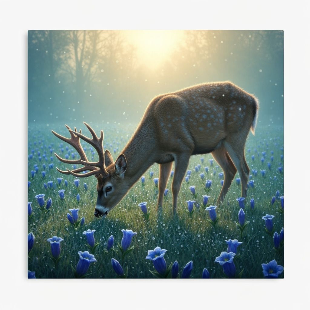 Majestic Swamp Deer in Frosted Blue Gentian Meadow at Dawn