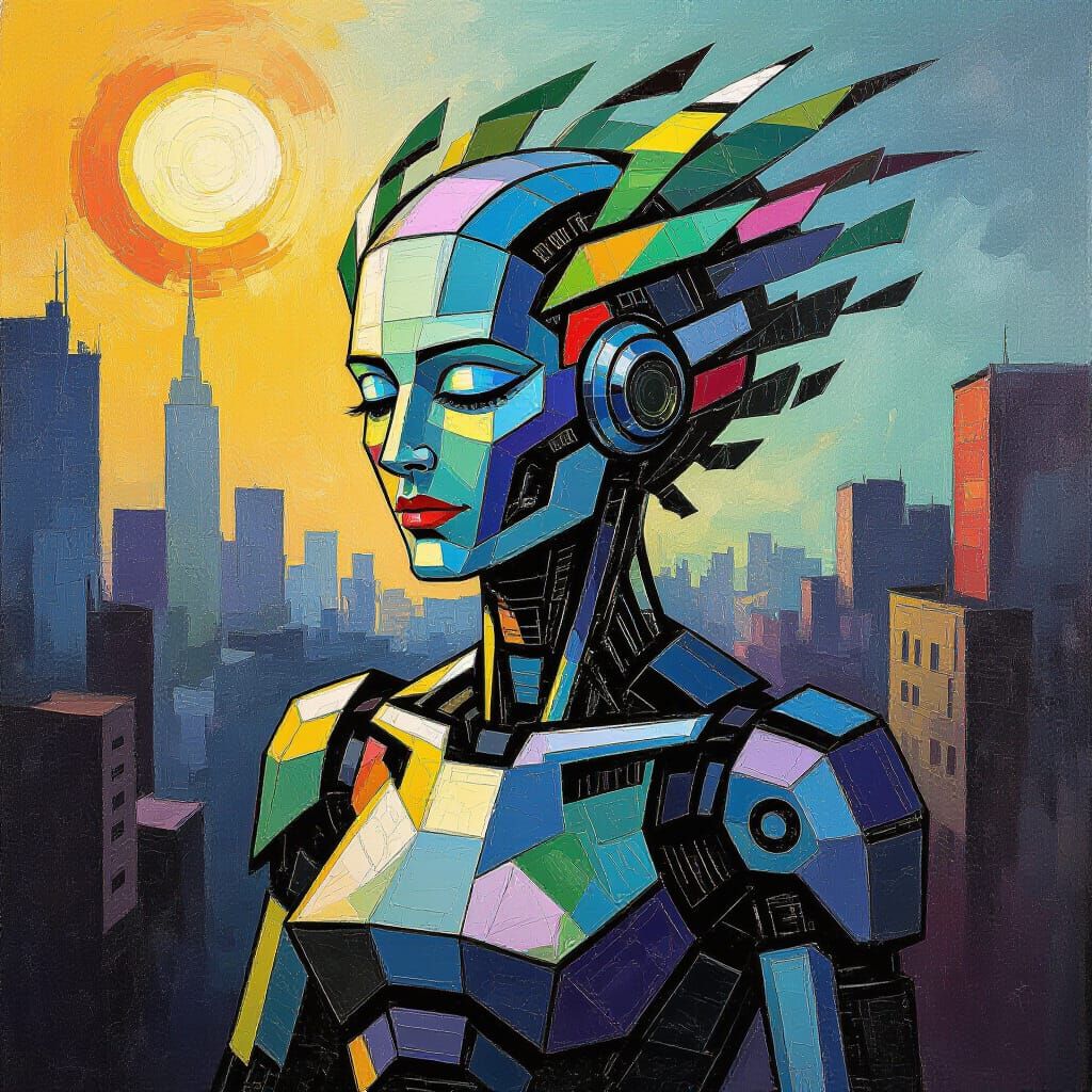 Android with Frond-Like Hair in Neo-Impressionist Style