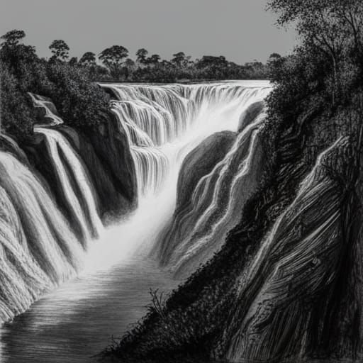 Victoria Falls: Hyperdetailed Charcoal Drawing