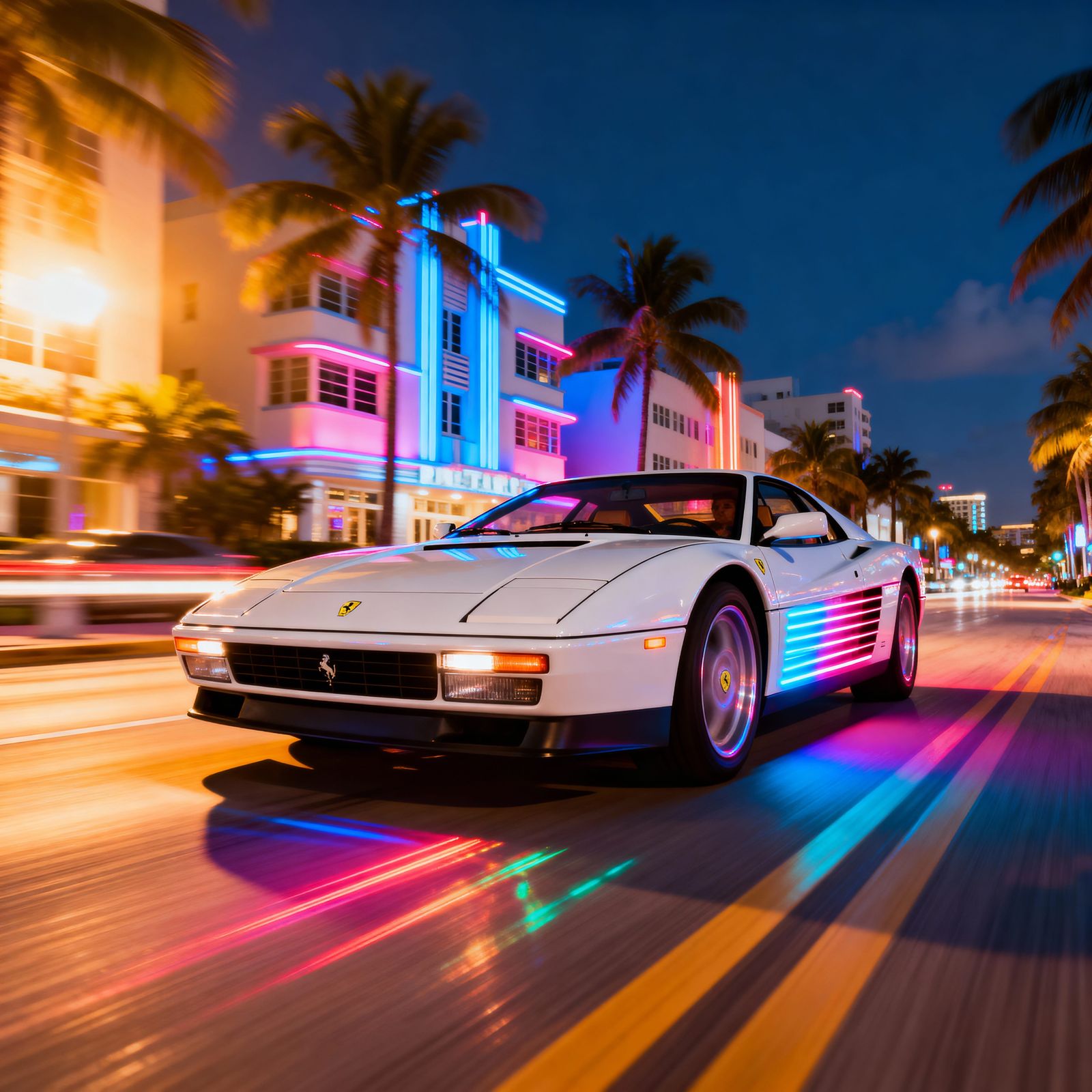 1985 White Ferrari Testarossa Races Miami Streets