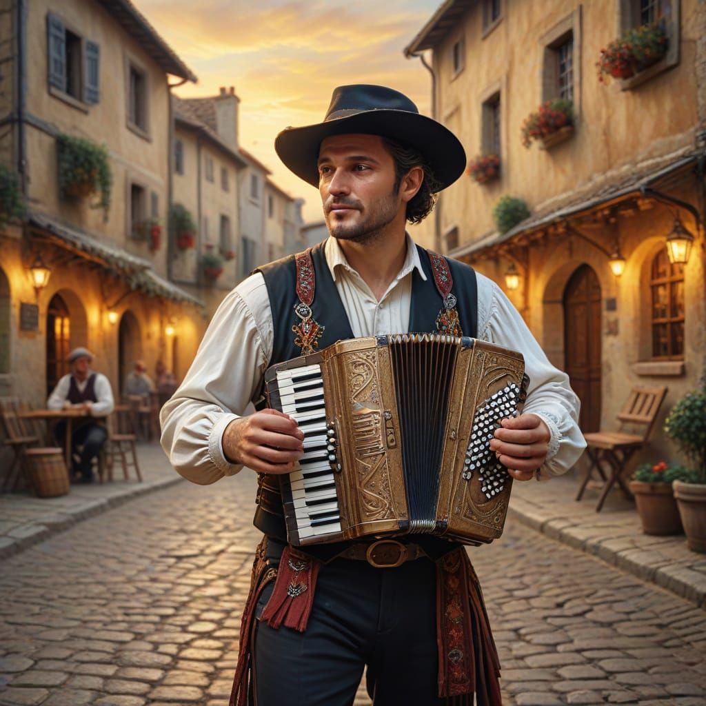Accordion Player in Folk Costume in Medieval Village Square