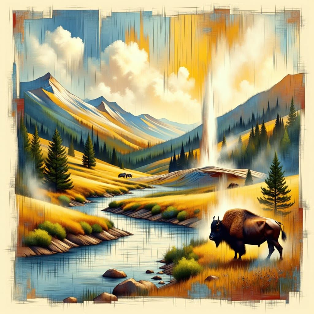 Yellowstone Illustration with Buffalo and Geyser