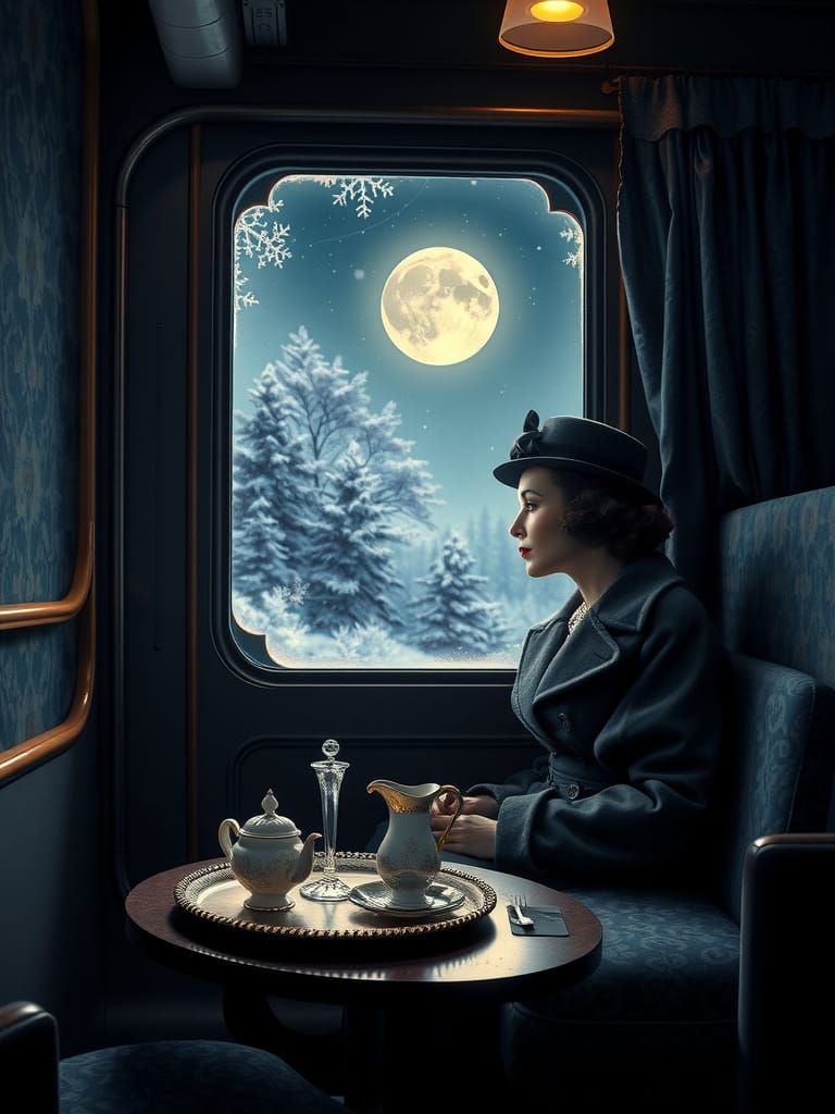 Elegant Woman in Luxury Train Compartment, Winter Night, 194...