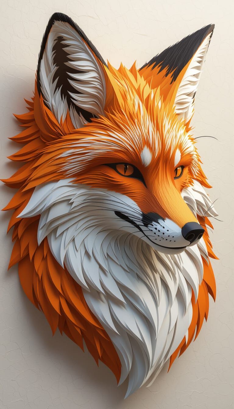 Resting Fox: Hyper-Realistic Paper Sculpture in Triadic Colo...
