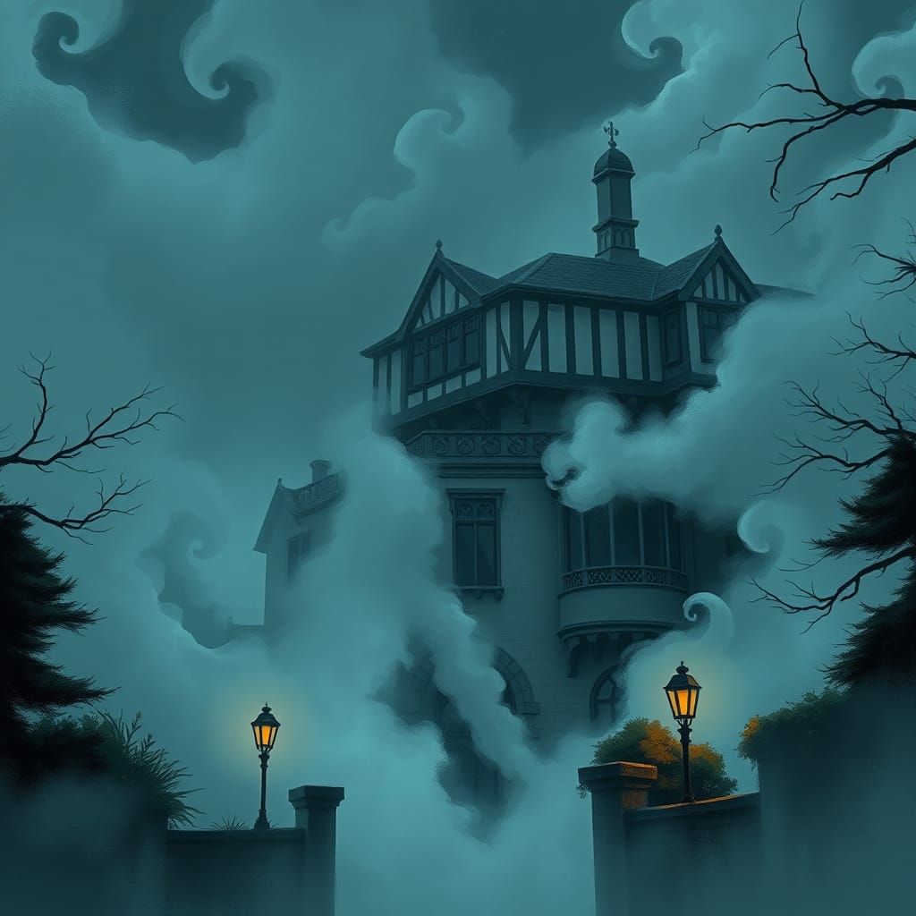 Mysterious Tudor Mansion in Eerie Anime Fog