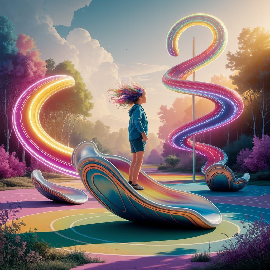 Child on Futuristic Playground in Watercolor Style