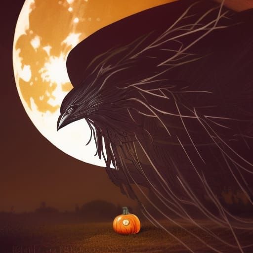 Gothic Crow in Pumpkin Field at Full Moon