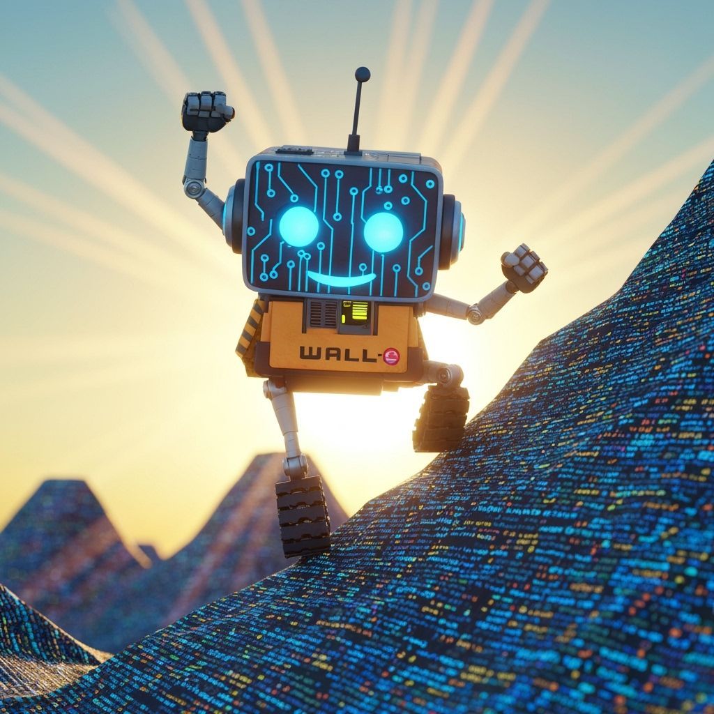 Robot Climbs Data Mountain in Pixar Animation Style