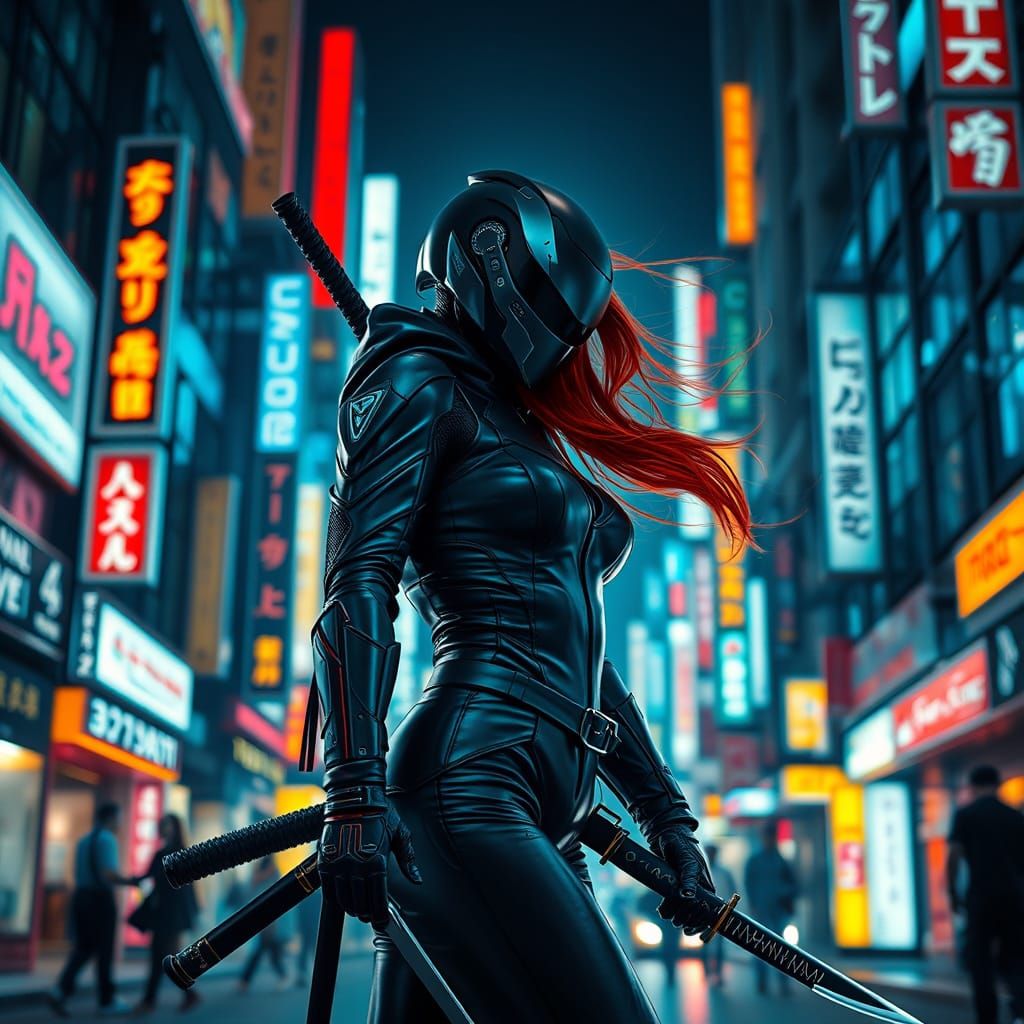 Cyborg Ninja Stands Guard in Futuristic Tokyo