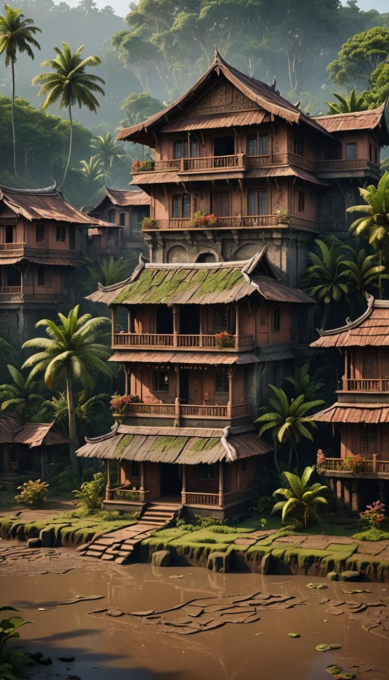 Kerala Mud House Elevation in Detailed Matte Painting