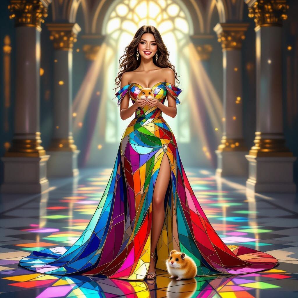 Lady Luck in Stained Glass Dress with Hamster