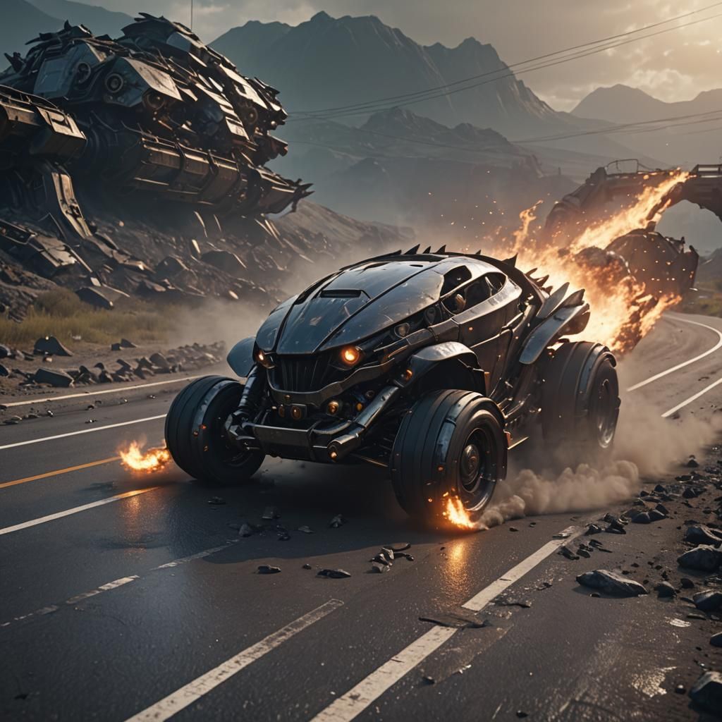 Muscle Car Chased on Highway to Hell: Sci-Fi Render