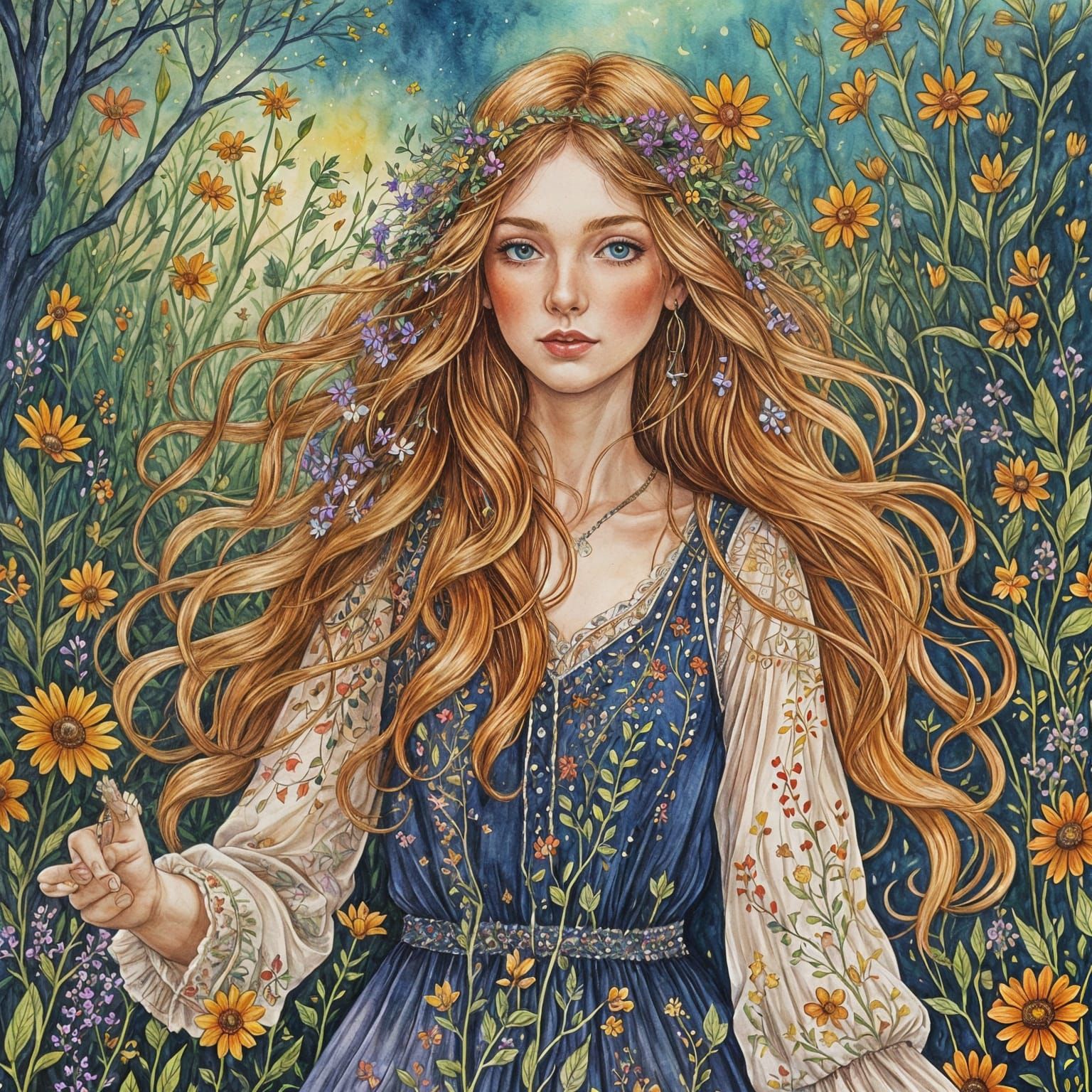 Bohemian Girl Dancing in Wildflower Meadow, Watercolor Style